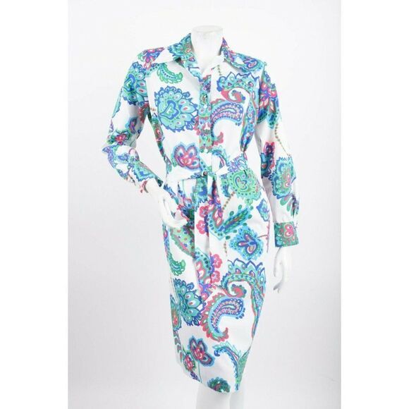Lanvin Paris 70s Vintage Womans Shirt Dress Shift Size 14 Floral Paisley Belted - Picture 1 of 6